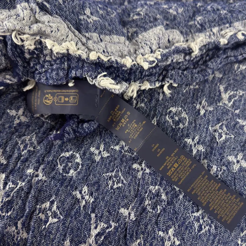 Louis Vuitton Monogram Denim Shawl Blue Silk Wool Fringe Wrap Made in Italy
